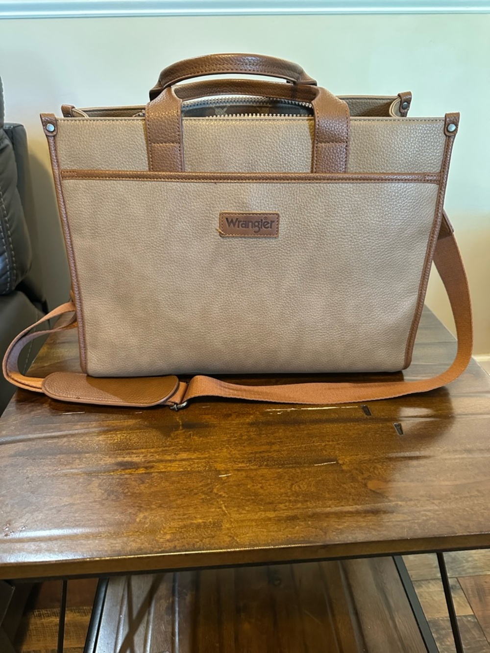 Wrangler Tan and Brown Laptop Briefcase with Shoulder Strap